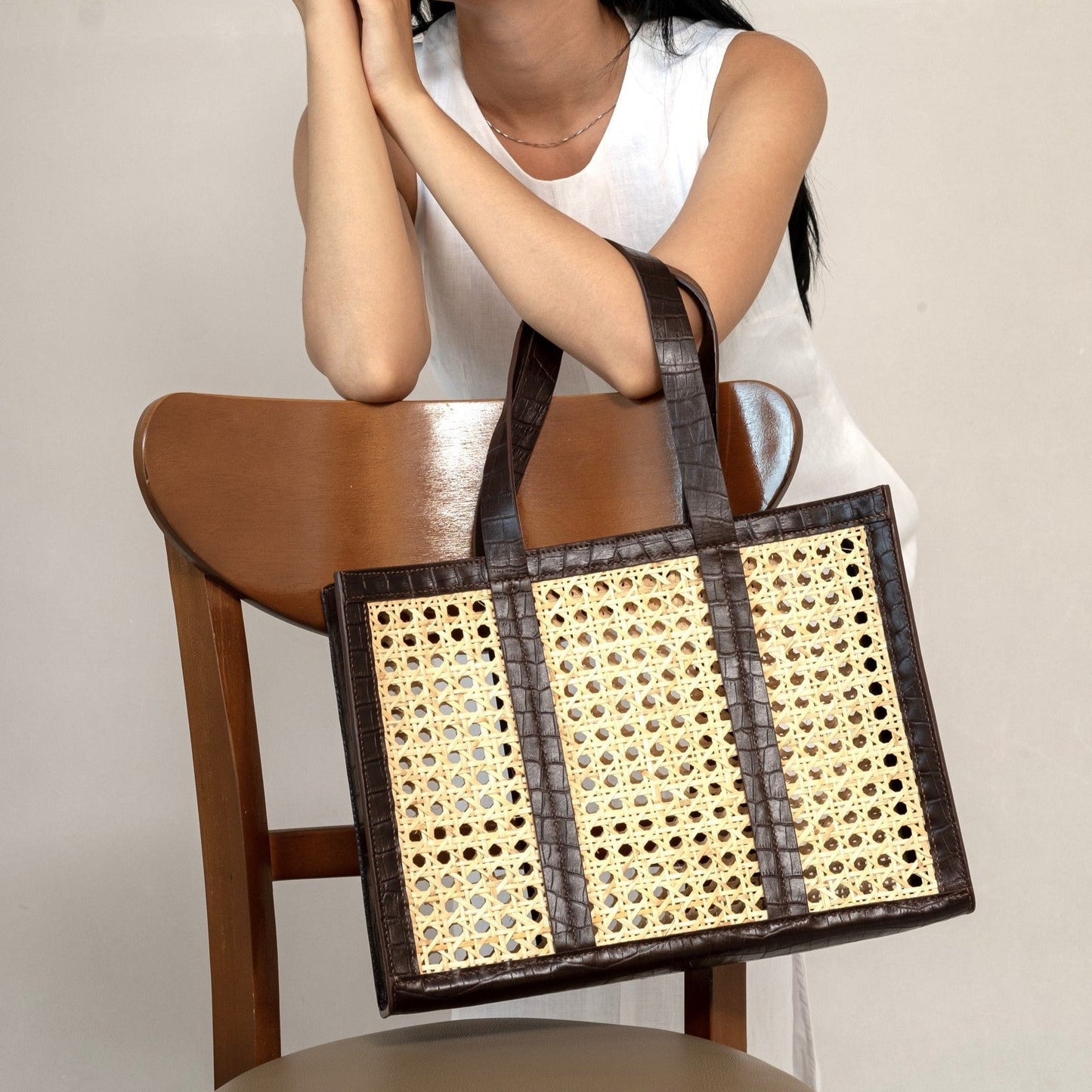 Natural Rattan & Leather Shopper Bag - Savannah.