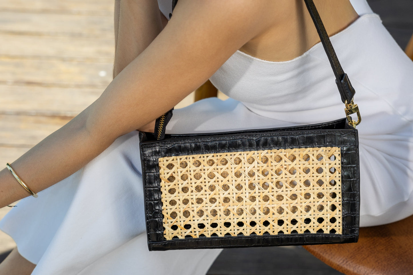 Natural Rattan & Leather Clutch Bag - May.