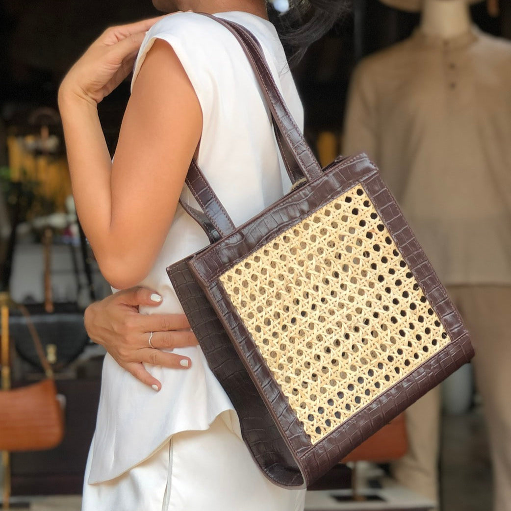Natural Rattan & Leather Shoulder Bag - Summer May.