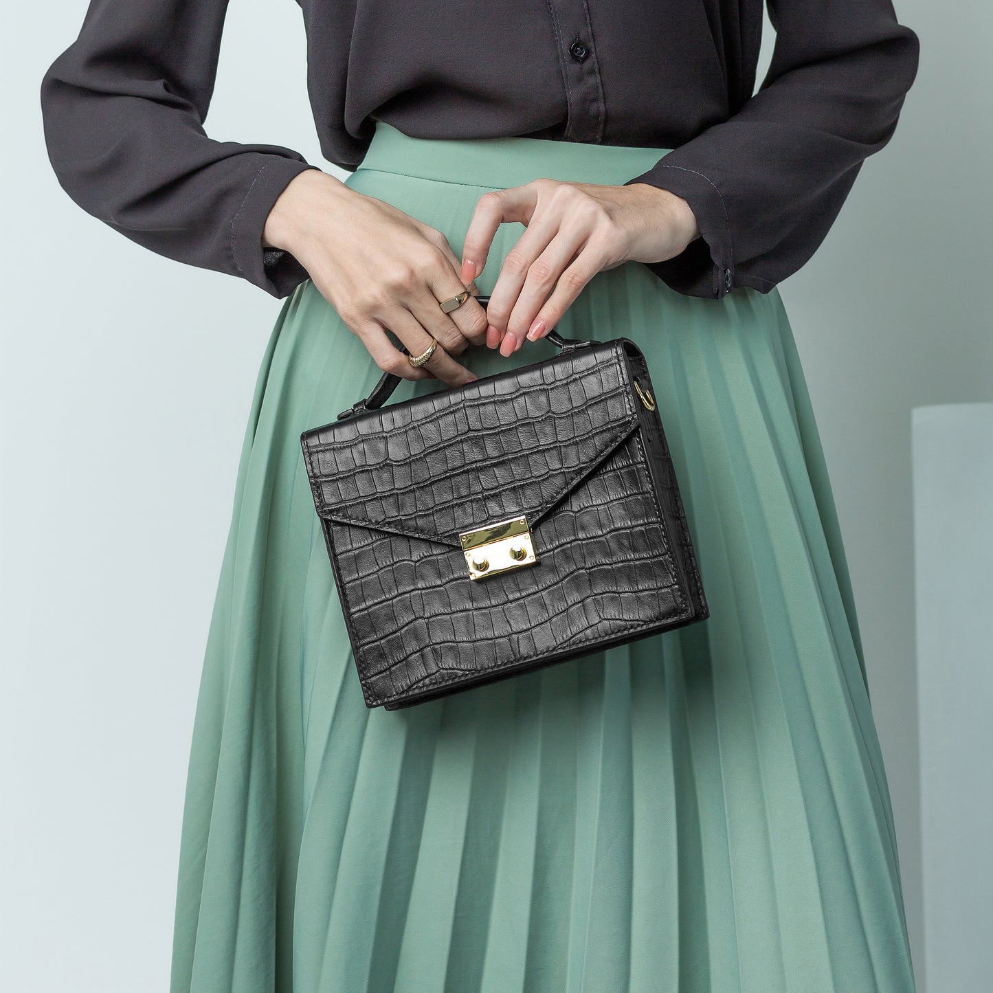 Top Handle Box Leather Bag